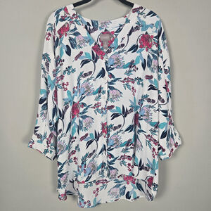 Chicos Womens Floral Button Up Top Size L White Bloomcore Office Modest Career